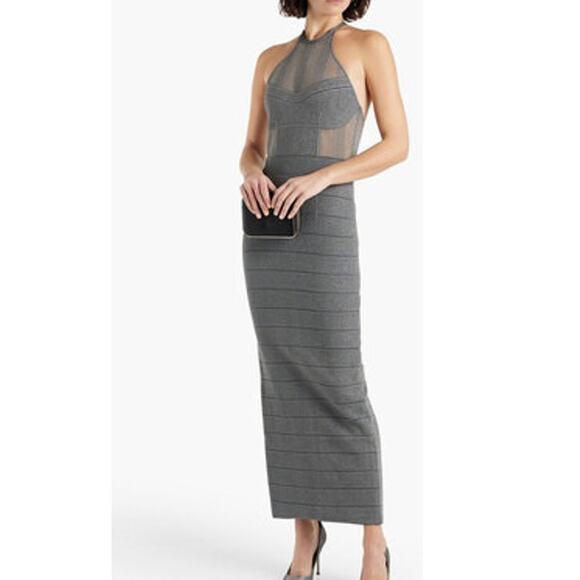 Herve Leger Dresses & Skirts - Herve Leger Textured Sheer Bustier Halter Gown Bandage Dress Silver Gray size L